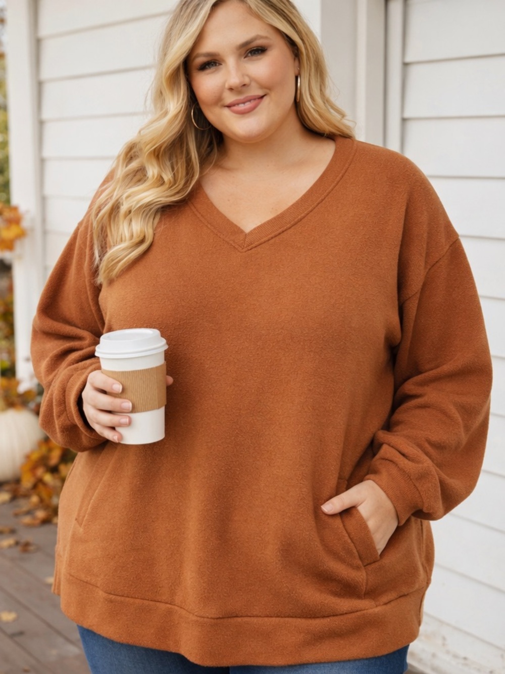Zenana Outfitters Cozy V-Neck Sweatshirt  W/Pockets 3X
